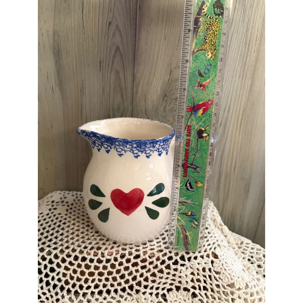 Vintage Style Ceramic Heart Pitcher Blue Sponged Trim Decorative Farmhouse Jug